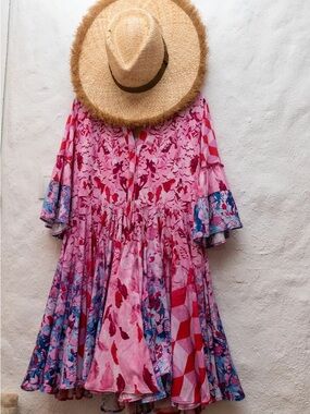 Floral Pink Patterned Tiered Dress with Ruffle Sleeves